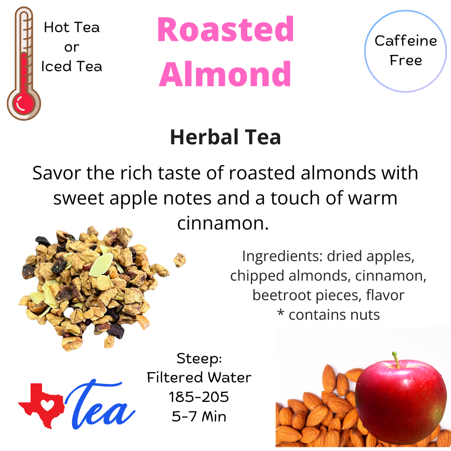 Roasted almond herbal tea informational sheets, caffeine free