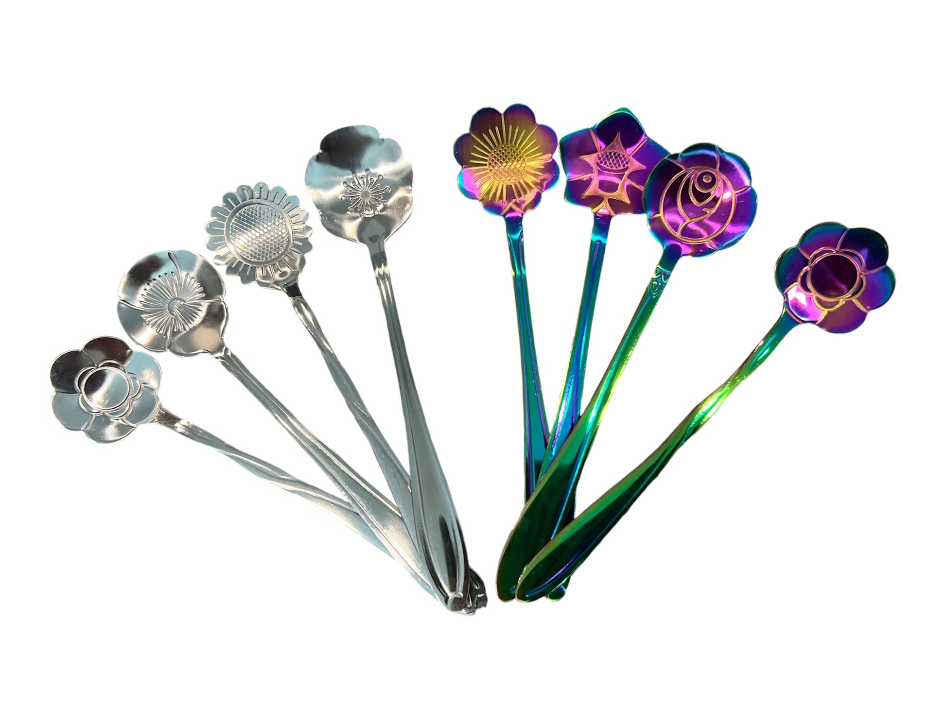 Picture of flower spoons in silver and rainbow